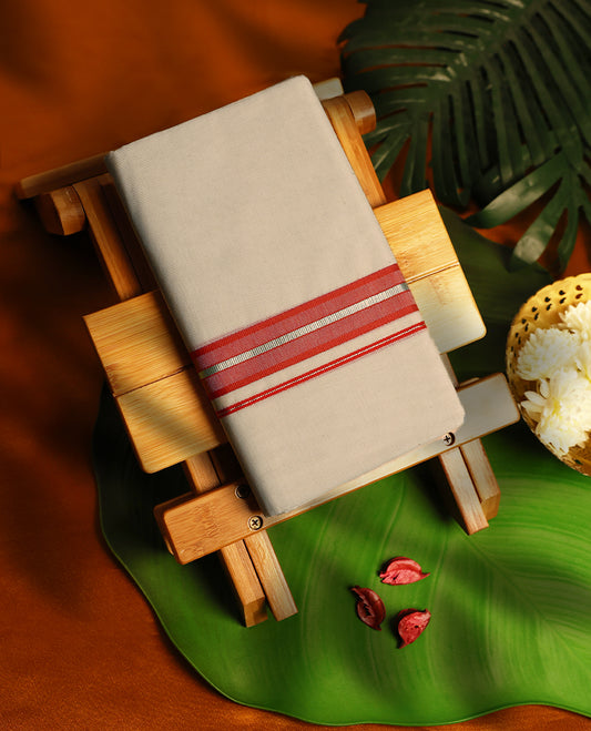 Light ivory Colour cotton double dhoti with Red kara, crafted for traditional elegance & comfort, for men.