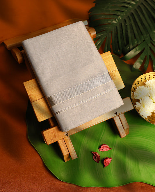 Light Silver Colour Tissue double dhoti with 1 Inch Silver kara, crafted for traditional elegance & comfort, for men.