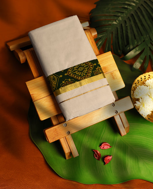Light ivory Colour cotton double dhoti having Gold with Dark Green Ajrakh kara, crafted for traditional elegance & comfort, for men.
