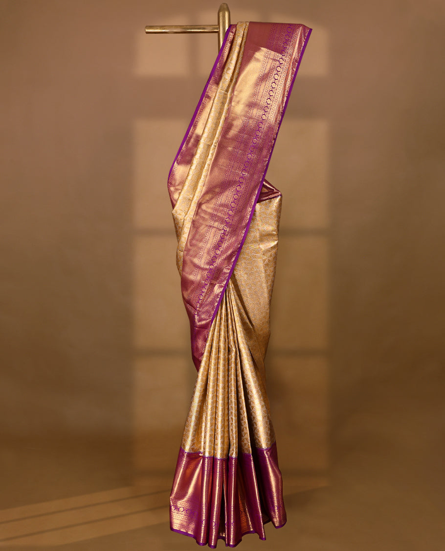 Golden Colour Tissue Semi Silk Saree having Silver Zari Worked Body and Blouse with Purple Border