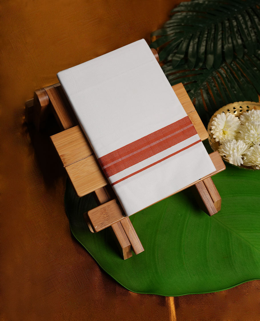 White Colour Pure Cotton single Dhoti with brick  Colour Border for Men