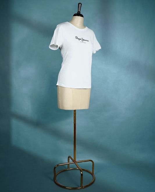 White colour women's T shirt with a classic crew neck, short sleeves, and a relaxed fit, crafted from soft cotton for all-day comfort