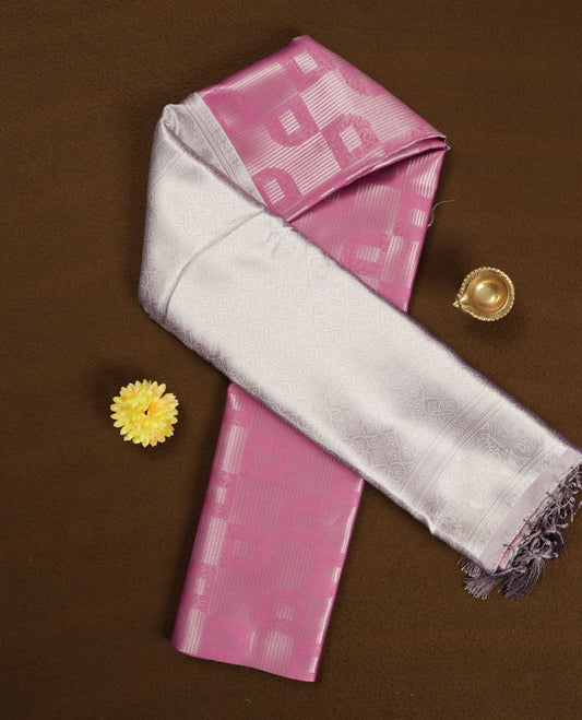 Magenta Pink colour Semi Silk Saree with Self-Checked Geometric Patterns on the Body, Contrasting Silver Zari Woven Pallu and Border Featuring Intricate Motifs and Tassels, Paired with Coordinated Blouse Piece