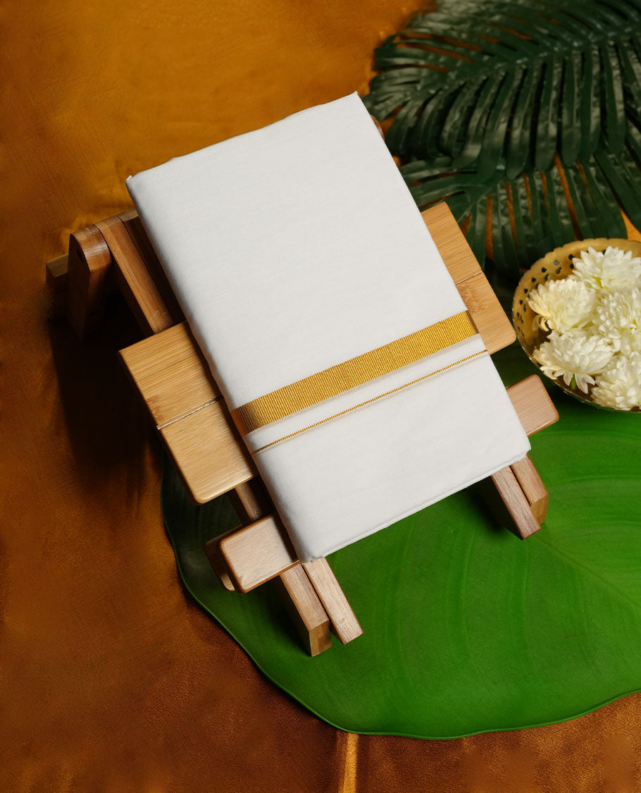 White Colour Pure Cotton single Dhoti with gold Colour simple Border for Men