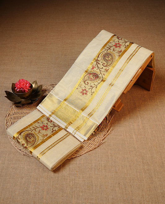 Golden colour Tissue silk set mundu features a plain body accented by a Floral Kodi print on gold zari border.