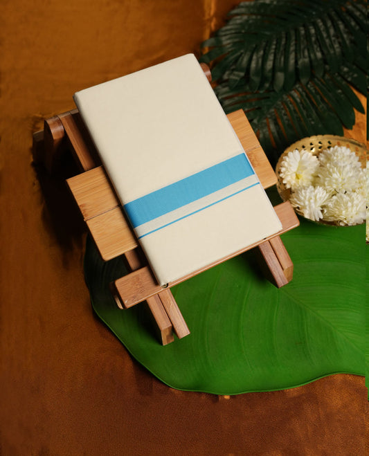 Cream Colour Pure Cotton single Dhoti with blue Colour Border for Men