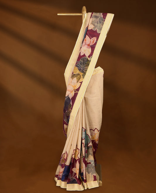Beige and maroon Colour lightweight khadi cotton saree with earthy-coloured digital floral prints on the Body and pallu, paired with a matching blouse.