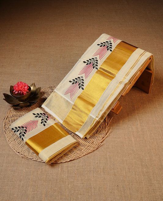 Cream colour Tissue silk set mund Featuring Elegant plain body, Complemented by design print with zari border.