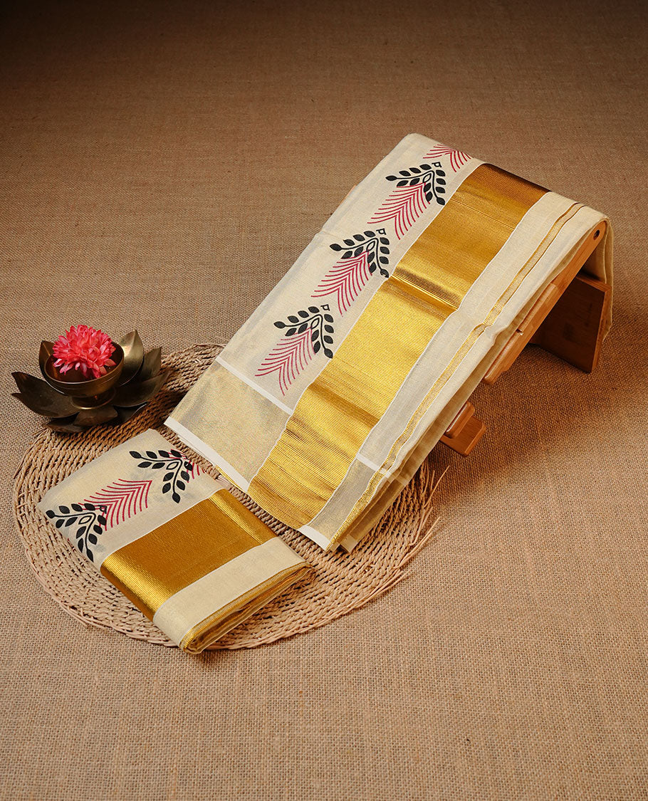 Cream colour Tissue silk set mund Featuring Elegant plain body, Complemented by design print with zari border.