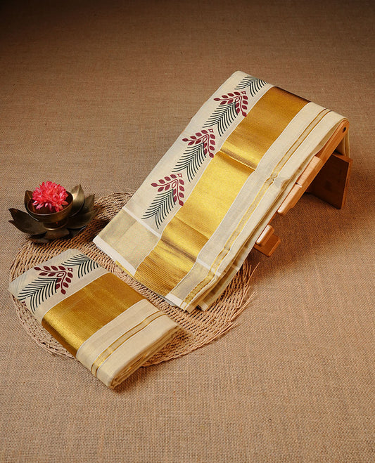 Cream colour Tissue silk set mund Featuring Elegant plain body, Complemented by design print with zari border.