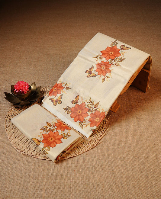 Golden colour Tissue silk set mundu features a plain body accented by a Floral & butterfly print border.
