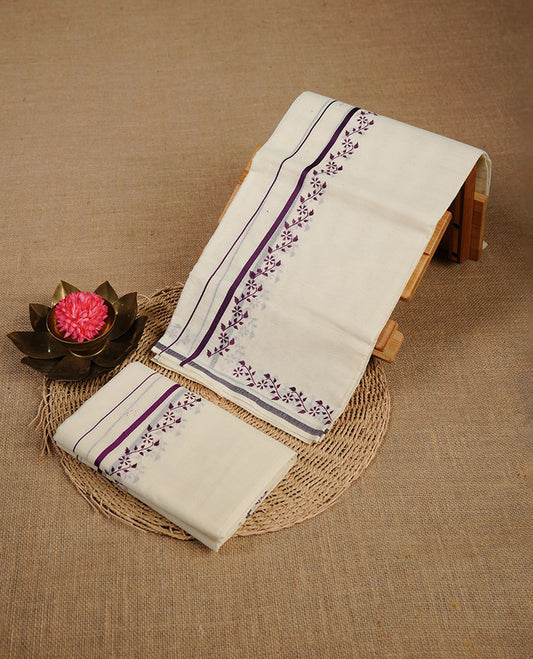 Cream colour cotton set mundu highlighting purple colour simple with floral print border.