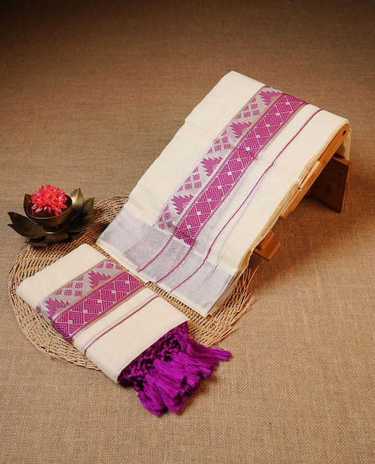 Off white colour Cotton Set Mund featuring a plain body, enhanced by a pink traditional woven border with geometric motifs.