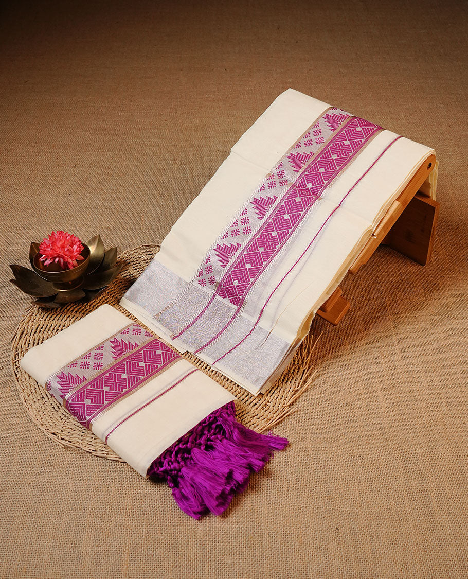 Off white colour Cotton Set Mund featuring a plain body, enhanced by a pink traditional woven border with geometric motifs.