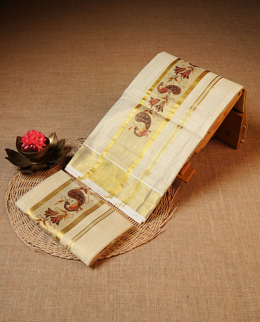 Golden colour Tissue silk set mundu features a plain body accented by a Peacock Print on gold zari border.