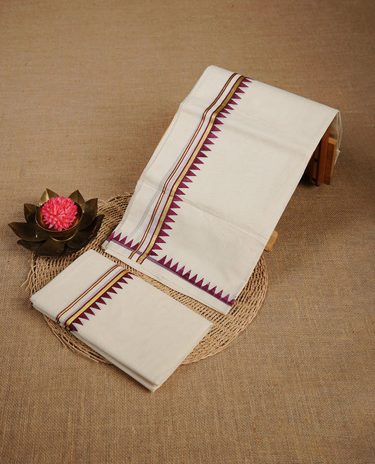 Cream colour cotton set mundu highlighting gold zari border with maroon temple print.
