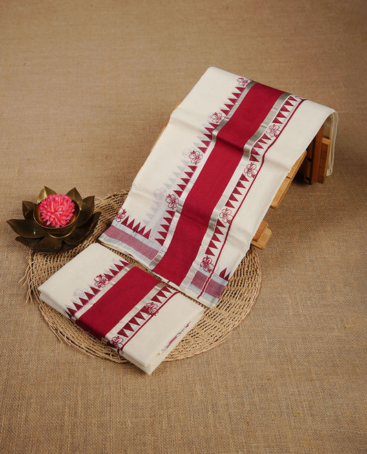 Cream colour cotton set mundu highlighting gold zari border with red colour temple & floral print.