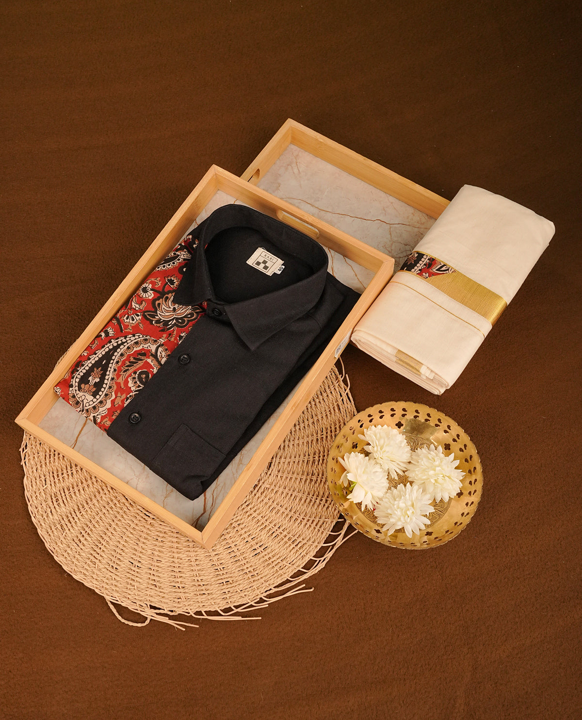 Black & Multi colour shirt featuring Floral Pattern printed body, paired with cream colour double dhoti featuring Gold zari with Same Pattern border.