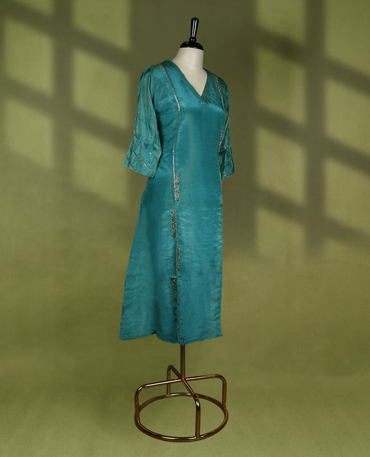 Dark Aqua coloured stylish kurthi without slit, featuring a V neck design adorned with intricate cut bead, sequin, and thread work, for women