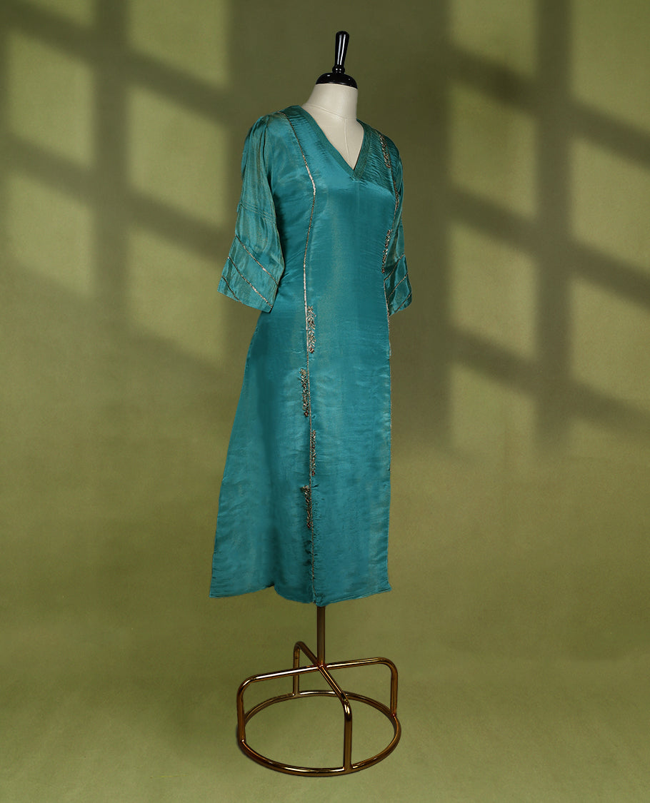 Dark Aqua coloured stylish kurthi without slit, featuring a V neck design adorned with intricate cut bead, sequin, and thread work, for women