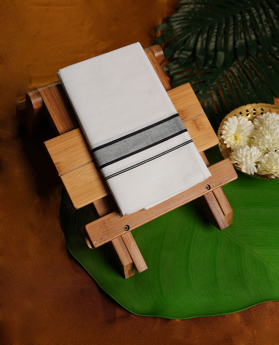 White Colour RAMRAJ Pure Cotton single Dhoti with Black and Gray Colour Border for Men