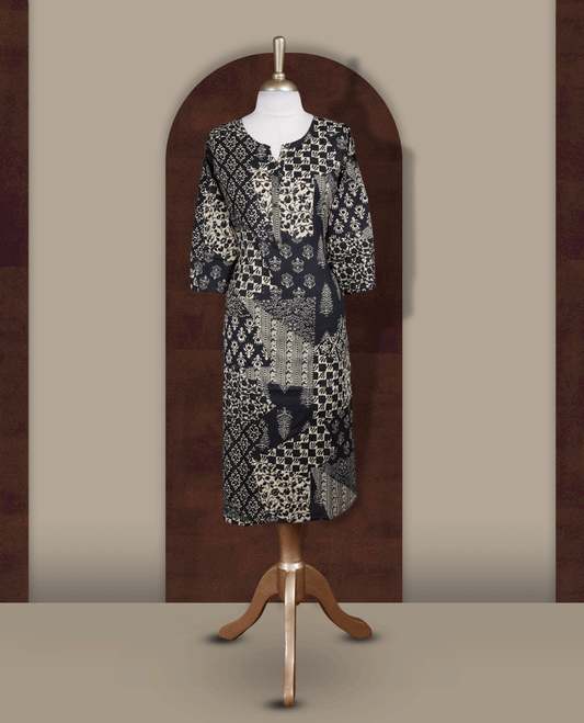 Black colour kurthi featuring elegant beige block prints in a mix of traditional patterns & Designed with a round neckline, button placket, and 3/4 sleeves.
