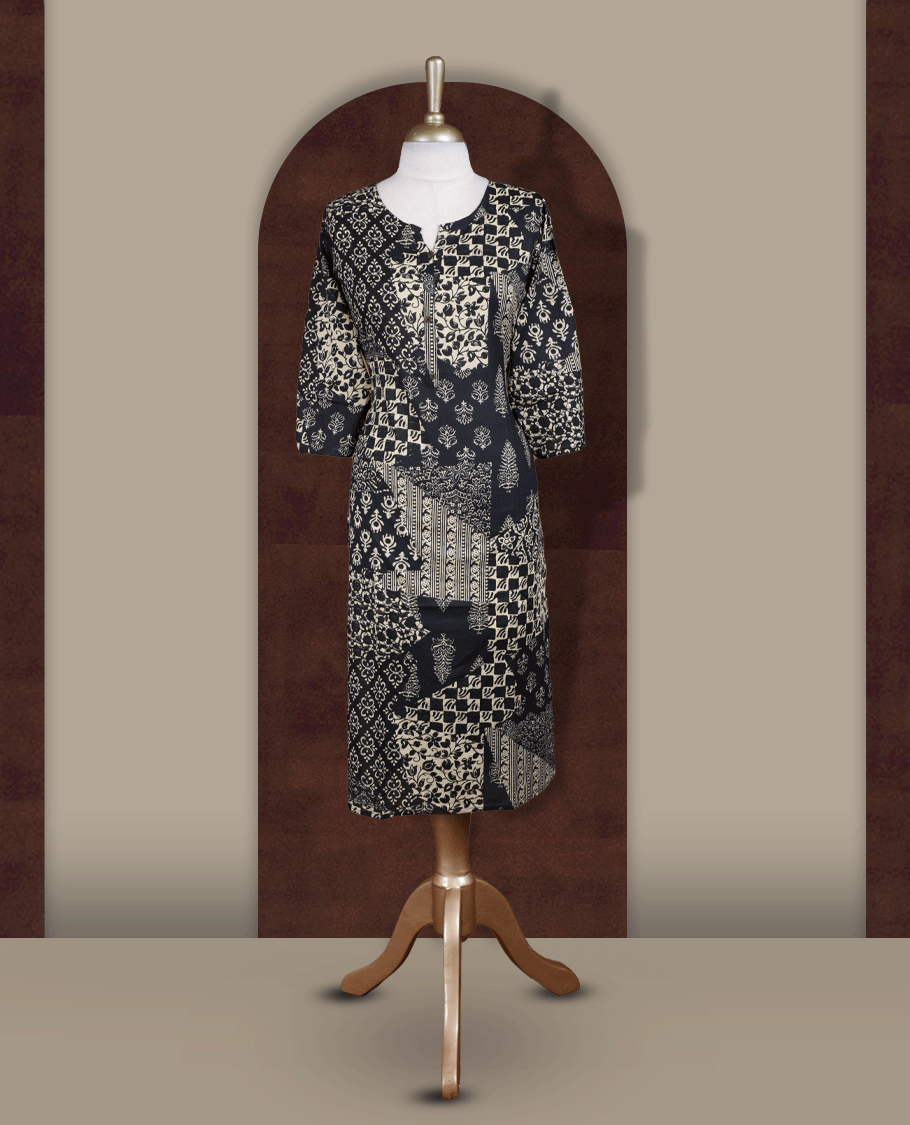 Black colour kurthi featuring elegant beige block prints in a mix of traditional patterns & Designed with a round neckline, button placket, and 3/4 sleeves.