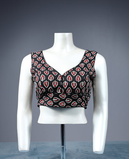 Dark Brown Colour Leaf Block Print, Deep Neck, Attachable Sleeves, Padded, Ready Made Blouse.