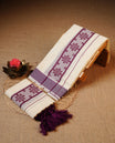 Off white colour Cotton Set Mund featuring a plain body, enhanced by a Mulberry colour floral Thread work border.