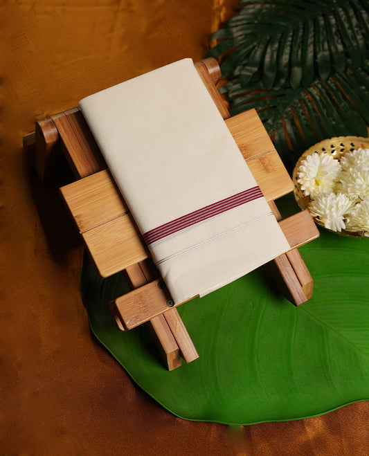 Cream Colour Pure Cotton single Dhoti with Maroon and Silver Colour simple Border for Men