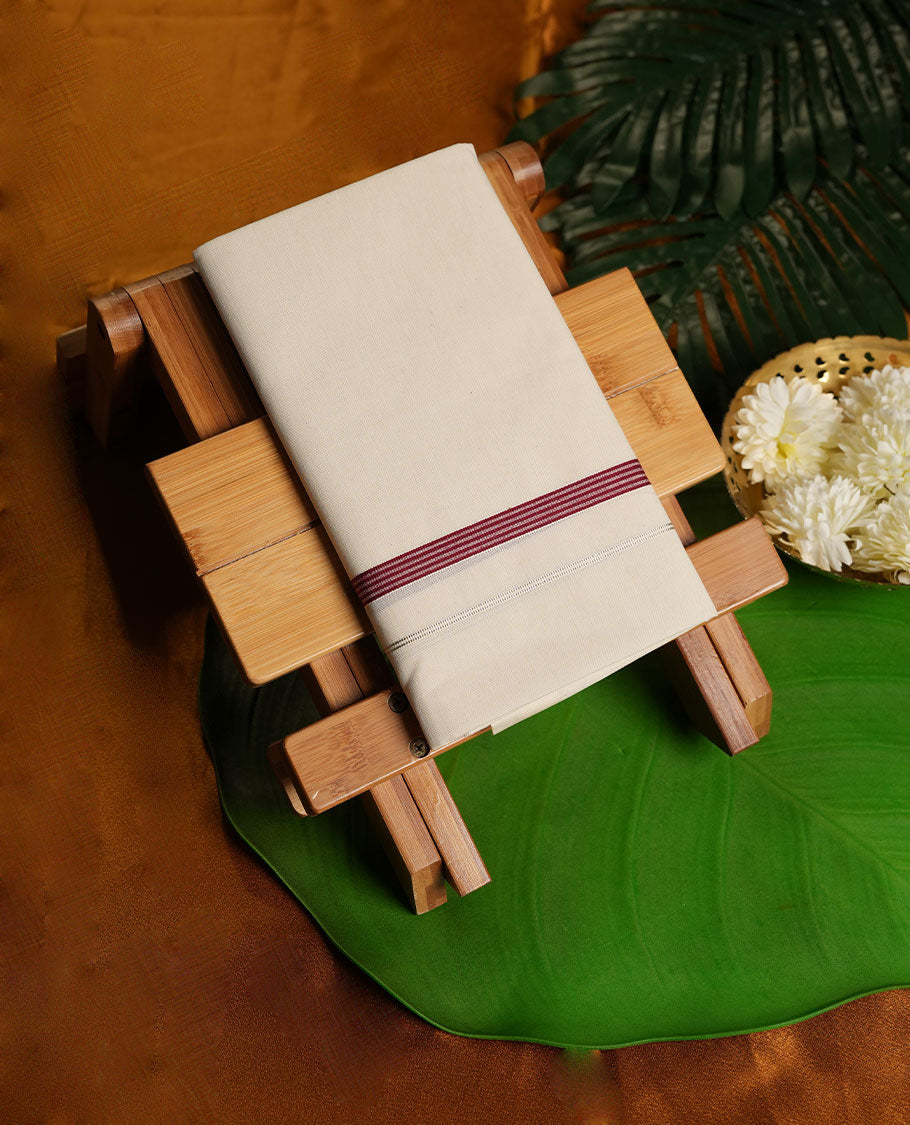 Cream Colour Pure Cotton single Dhoti with Maroon and Silver Colour simple Border for Men