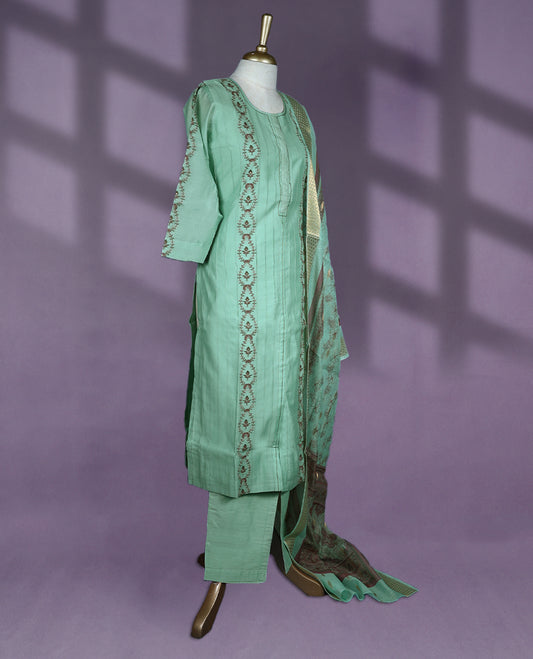 Mint green colour salwar set featuring a round neckline with keyhole detail, three quarter sleeves, elegant embroidered paneling, a coordinated printed dupatta, and matching bottom