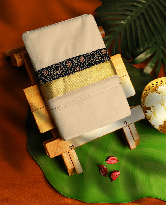 Light ivory Colour cotton double dhoti having Gold with Black Ajrakh kara, crafted for traditional elegance & comfort, for men.