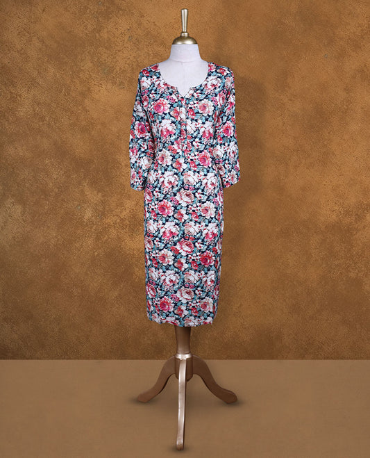 Black colour kurti with multicolour floral prints, knee length design, styled with a round  with slit neckline and a sleeve .
