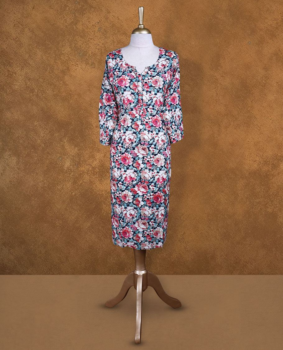 Black colour kurti with multicolour floral prints, knee length design, styled with a round  with slit neckline and a sleeve .