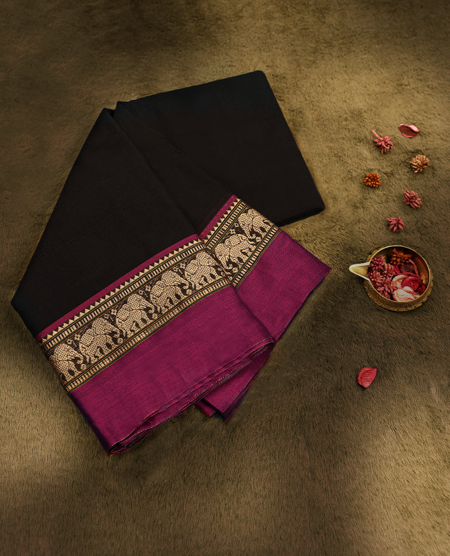 Black Colour Mixed Chettinad Cotton Saree having Plain Body with Contrast Border and Self Coloured Blouse