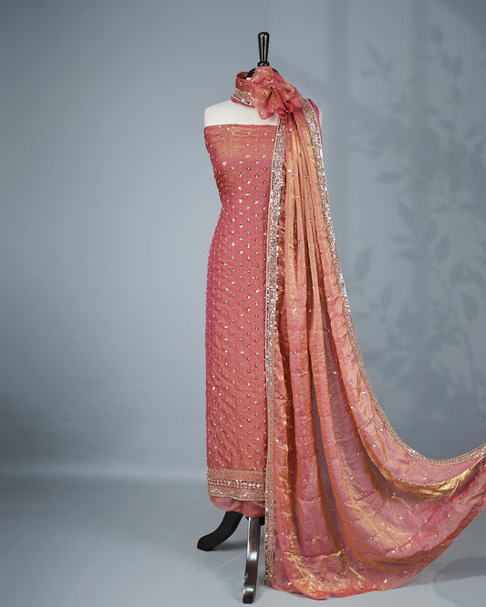 Pink & Gold double shade colour salwar material with Cut beats & sequins work on body, Matching Bottom & dupatta.
