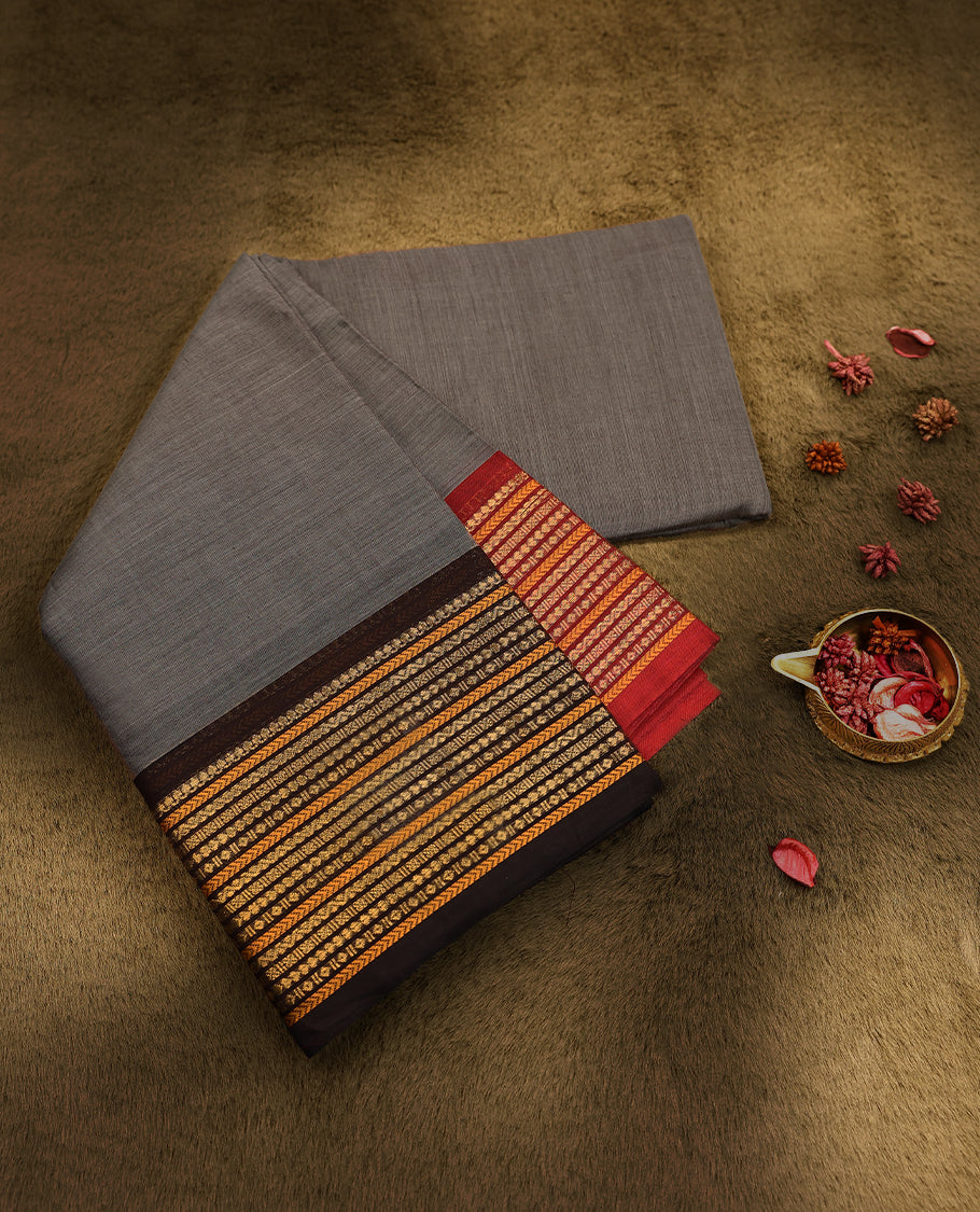 Grey Colour Mixed Chettinad Cotton Saree having plain Body with Ganga Jamuna Border and Self Coloured Blouse