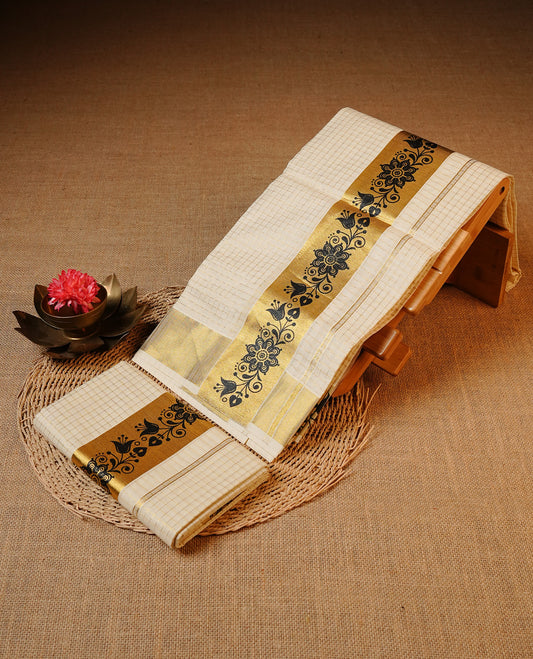 Off white colour Cotton Set Mund featuring a Check pattern body, enhanced by a gold zari kasavu border with Black Floral print detailing.