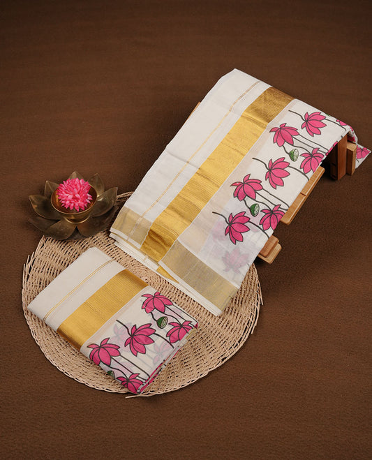 Off white colour cotton set mundu highlights gold traditional border featuring pink floral print across border (2.00/2.80 MTS)