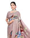 Light Pastel Brown colour Semi linen saree featuring vibrant multicolour floral digital prints on body and pallu, paired with a matching blouse.