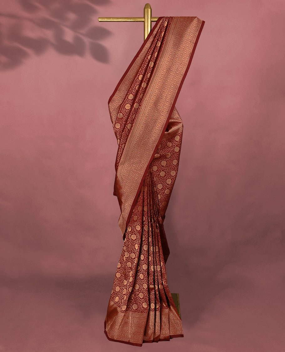 Dark Maroon Kancheepuram Silk Brocade Saree having Floral Jaal Worked Body with Self Coloured Brocade Border and Blouse