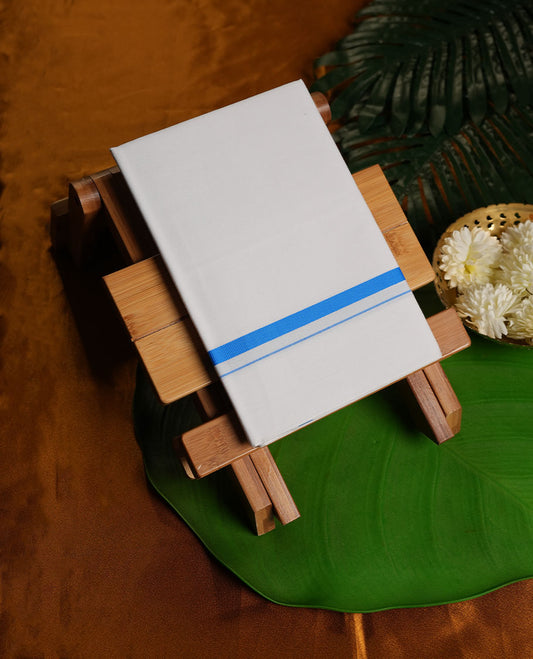 White Colour Pure Cotton single Dhoti with blue Colour simple Border for Men