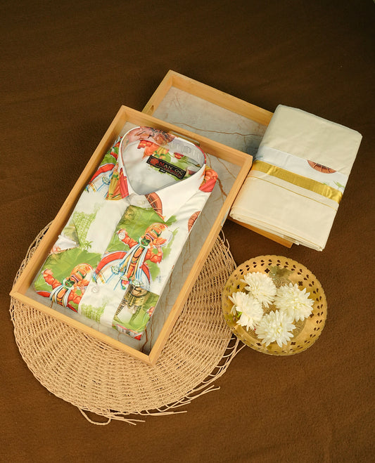 Cream colour shirt featuring  Indian art from printed body, paired with cream colour double dhoti featuring a gold kara with Same printed border.