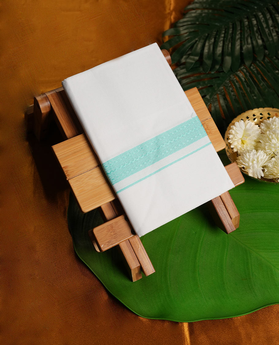 White Colour Pure Cotton single Dhoti with Light Green Colour Border for Men