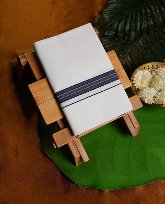 White Colour RAMRAJ Pure Cotton single Dhoti with Dark Blue Colour Border for Men