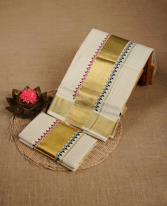 Cream colour cotton set mundu highlighting gold zari check pattern obdy, gold zari with maroon colour pattern on body.