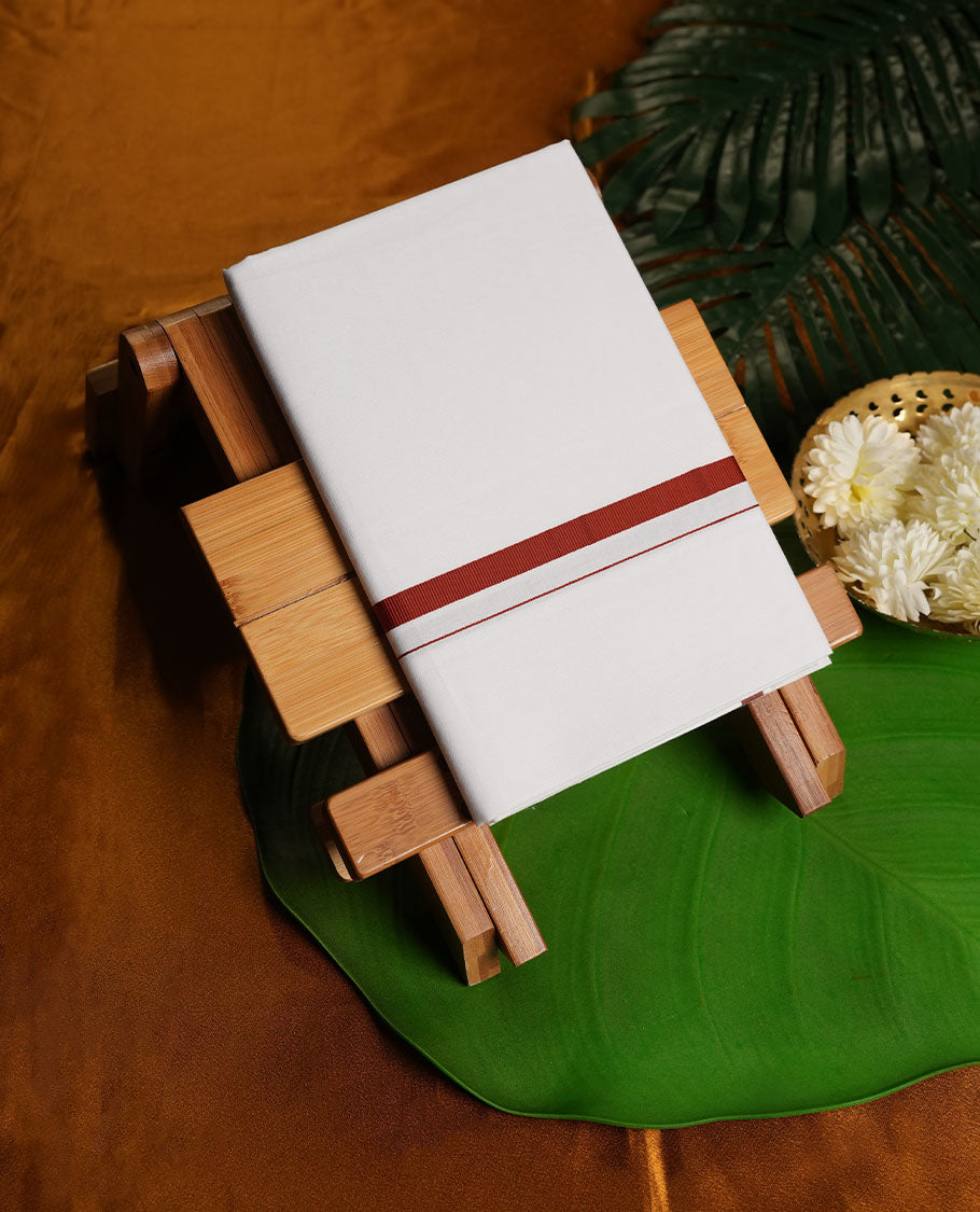 White Colour Pure Cotton single Dhoti with Brown Colour Border for Men