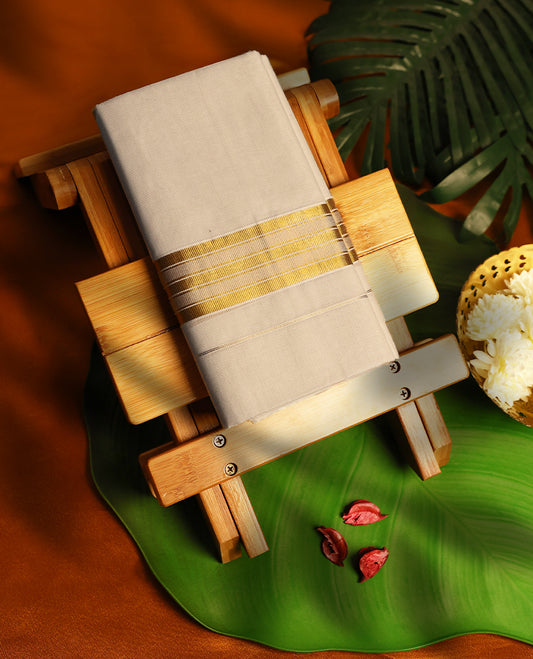 Light ivory Colour cotton double dhoti with 2 Inch Golden kara, crafted for traditional elegance & comfort, for men.