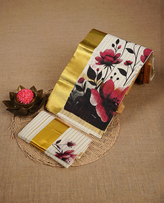 Cream colour cotton set mundu highlighting gold zari stripes on body,floral print on border.